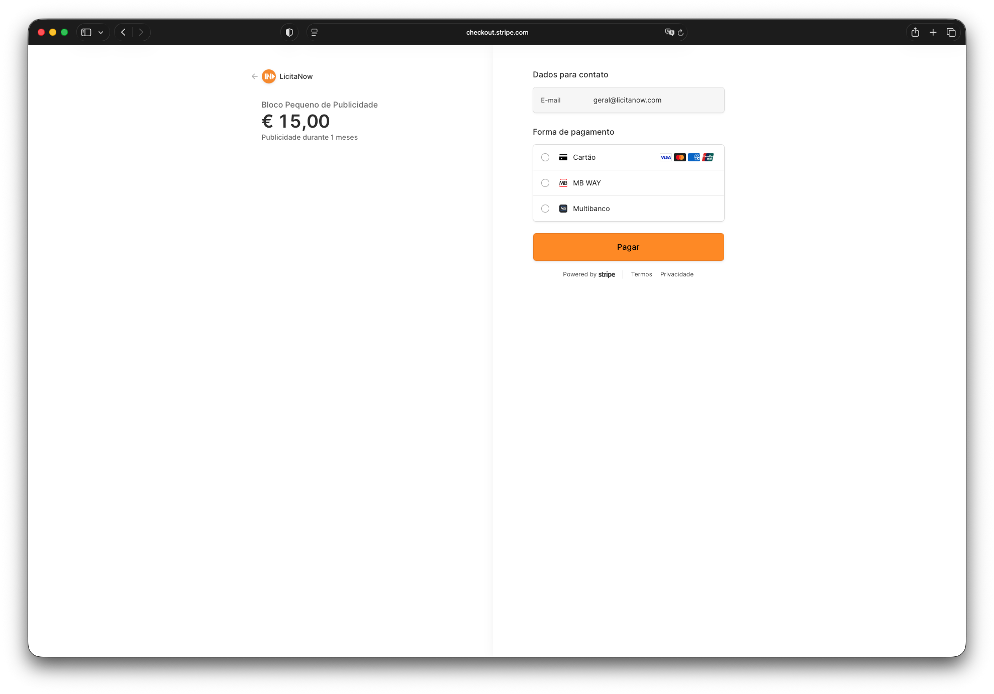 Página de checkout da Stripe com o valor a pagar e as opções Cartão, MB WAY e Multibanco